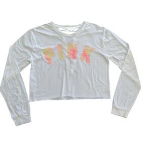 VS Pink Logo Lace Back Cut Out Long Sleeve White Shirt Size Large Athleisure